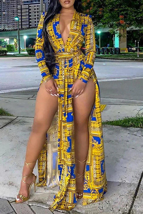 Tribal Print Classic High Split Maxi Dress Comfortable Bohemian Maxi Dress