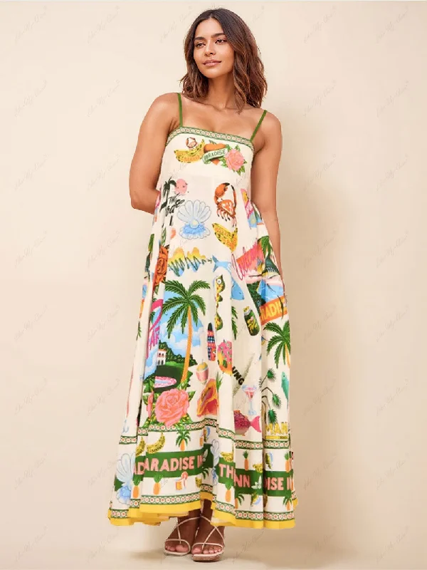 Unique Print Smocked Charming Back Pocket Maxi Dress