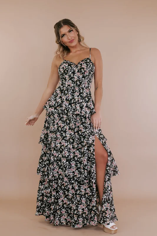 Fierce In Floral Tiered Maxi Dress, Black