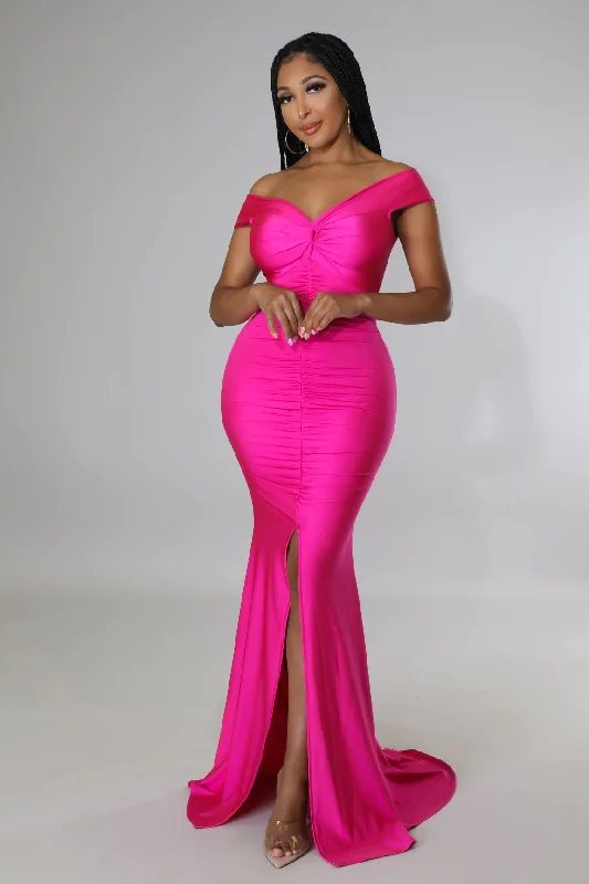 Vanity Off The Shoulder Satin Maxi Dress Fuchsia - FINAL SALE Trendy Maxi Dress with Bow