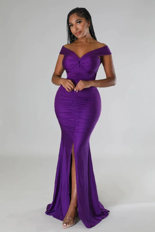 Vanity Off The Shoulder Satin Maxi Dress Purple - FINAL SALE Fashionable Chiffon Maxi Dress