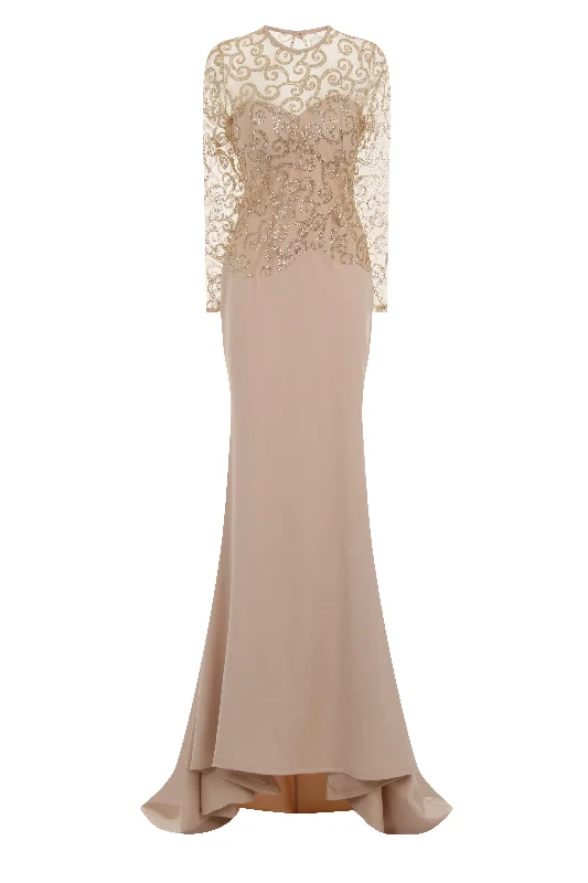 Vanity Sparkle Nude Slinky Fishtail Maxi Dress Stylish V-Neck Maxi Dress