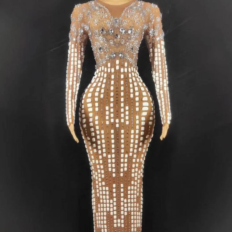 Velma Long Sleeve Rhinestone Embellished Maxi Dress Elegant Floral Maxi Dress