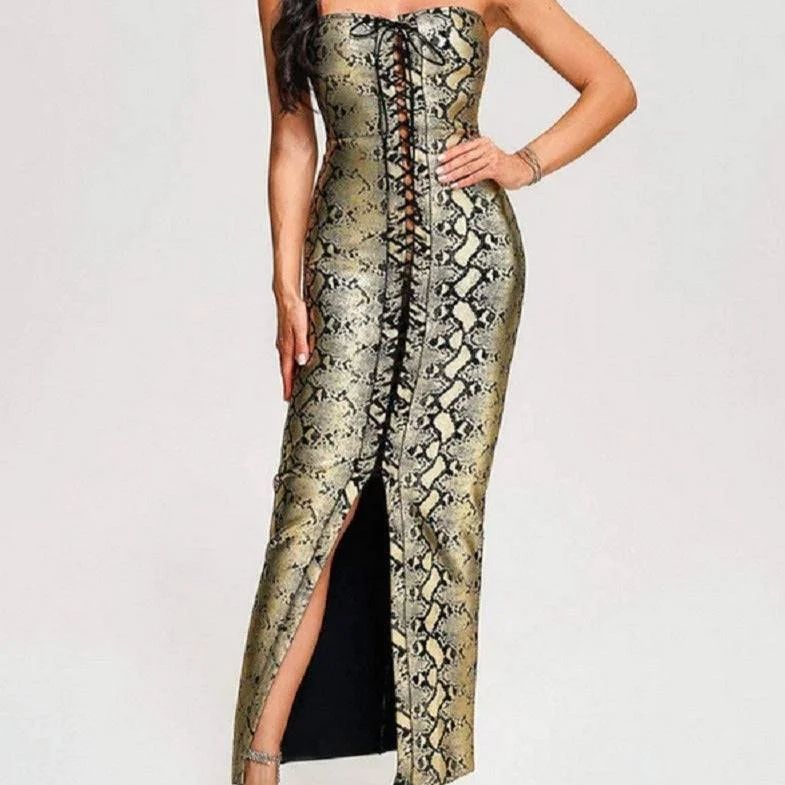 Vickie Strapless Snakeskin Print Front Lace Up Maxi Dress Trendy V-Neck Maxi Dress