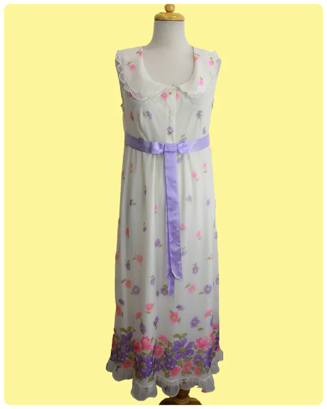 Vintage 1960s/70s White Chiffon with Lilac and Pink Floral Print Maxi Dress, Med