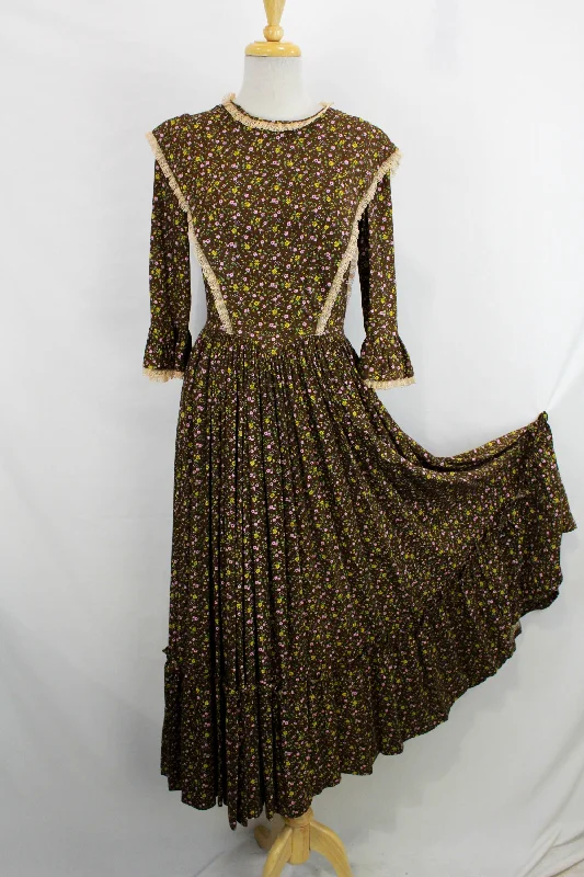 Vintage 1960s Brown Floral Prairie Dress and Bonnet, 1967 Centennial Maxi Dress