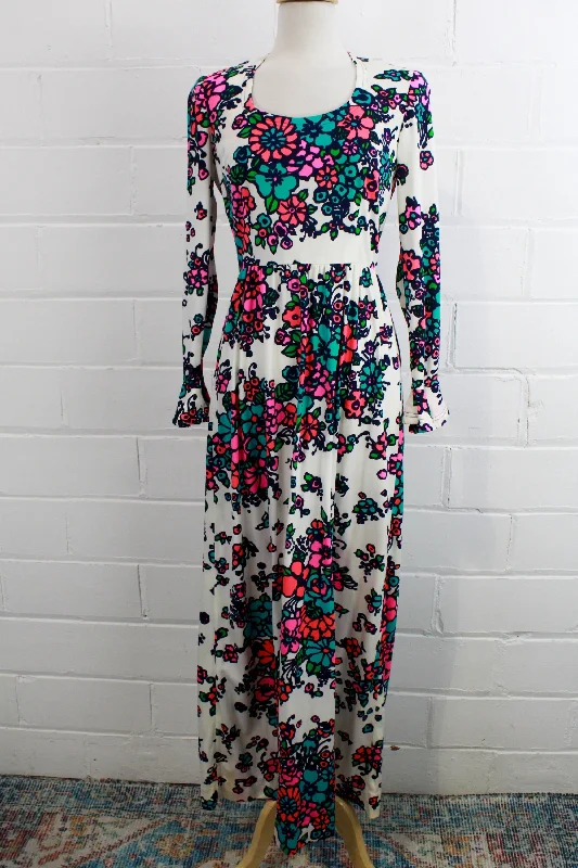 Vintage 1970s Pink Floral Maxi Dress, Deadstock Keram New York, S/M