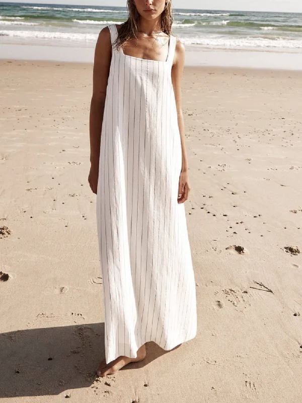 White With Charcoal Charming Pinstripe Maxi Dress