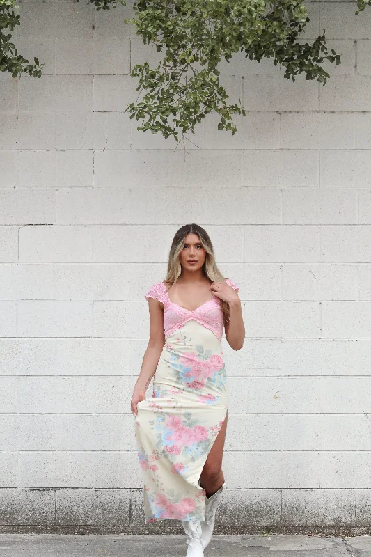 Yellow Floral Pink Lace Detail Slit Maxi Dress Comfortable T-Shirt Maxi Dress