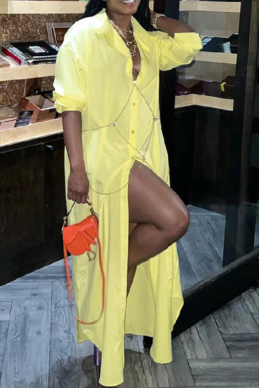 Yellow Relaxed Single Breasted Maxi Dress Fashionable Chiffon Tiered Maxi Dress