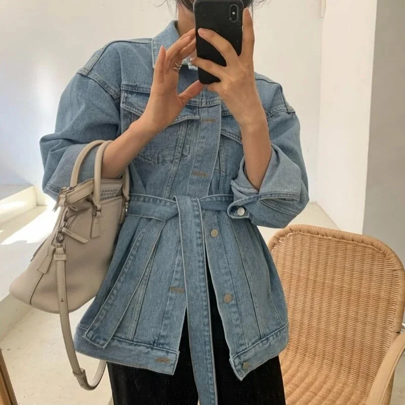 Getadme-Summer New Korean Fashion Chic Denim Jackets for Women Sashes Loose Jeans Coat Female Casual Vintage Y2k Blue Ladies Coats