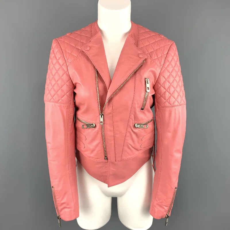 BALENCIAGA Size 6 Pink Quilted Leather Moto Biker Jacket