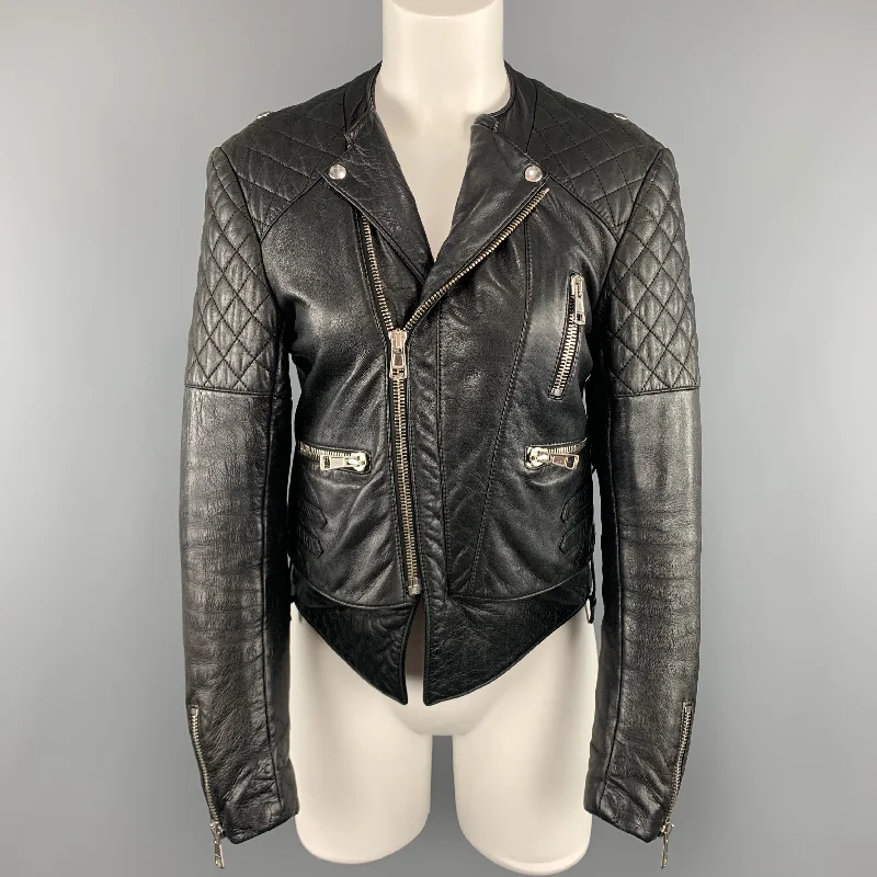 BALENCIAGA Size 8 Black Quilted Leather Biker Moto Jacket