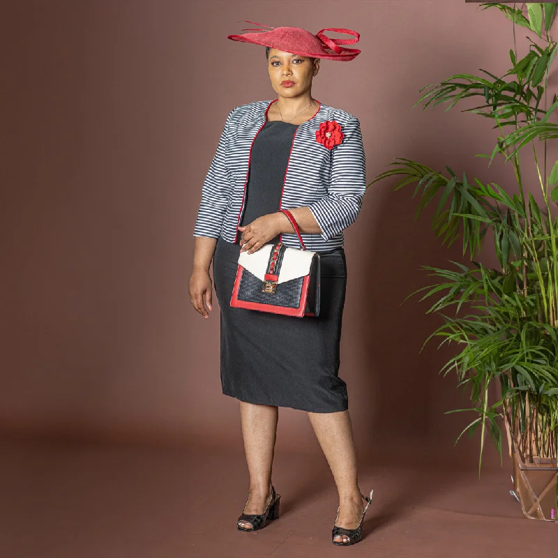 Black and White Striped Dress and Jacket Set w/Red Accents