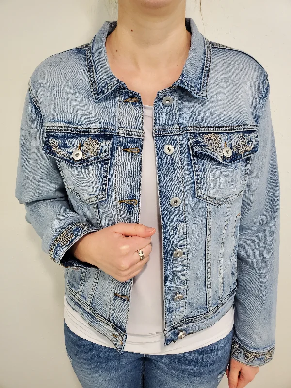 EMBROIDERED DETAIL DENIM JACKET - LIGHT WASH