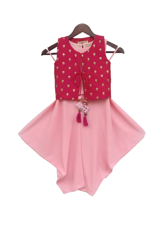 Girls Pink Top And Dhoti With Hot Pink Jacket