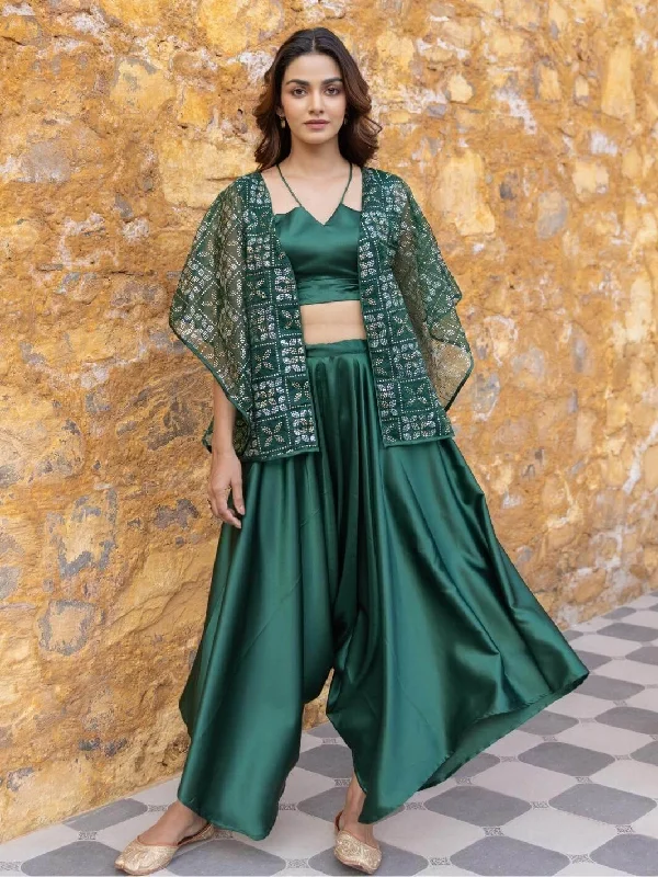 Green Satin Coord Set with Embellished Organza Jacket