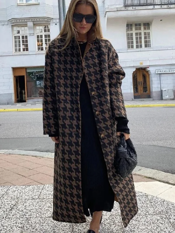 Houndstooth Printed Long Coat Winter Women Woolen Lapel Single Breasted Fashion Jacket Female Long Sleeve Autumn Outerwear 2023