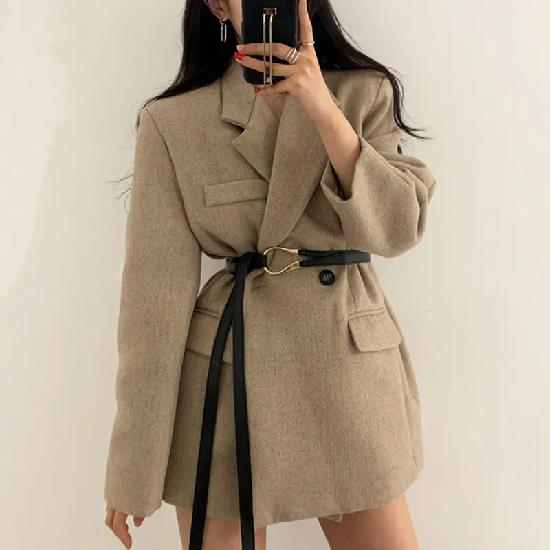 Long Sleeve Thick Turn-down Collar Double Breasted Minimalist Korean Ladies Jacket Women Autumn Winter Short Coat with Belt