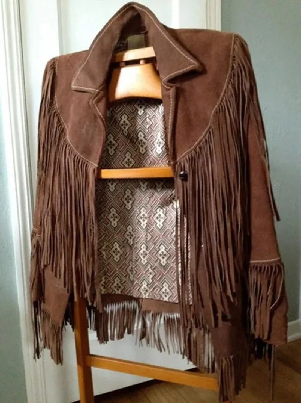 Getadme Women's Suede Jacket Women Indie Folk Tassel Spring/Autumn Crop Coat Women Fringed Long-sleeved Bohemian Ethnic Jackets Brown