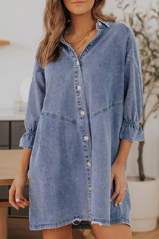 Blue Zone Planet |  Sky Blue Buttoned Long Sleeve Denim Mini Dress