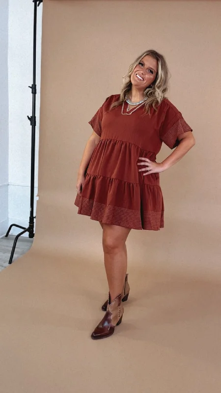 Emmy V Neck Embroidered Mini Dress, Rust