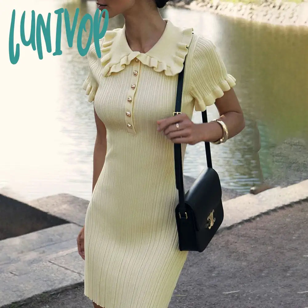 Lunivop High Waist Ruffled Mini Dresses For Women Summer Short Sleeve Knitted Slim Fit Dress Women's Vintage Dress Woman Elegant