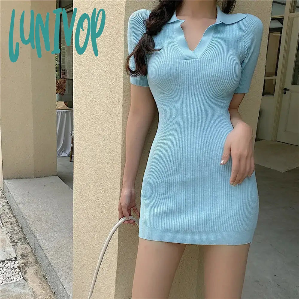 Lunivop Korean Summer Dress Women Casual Polo Collar Short Sleeve Mini Dress Slim Sheath Knit Dresses Vestidos Elegantes Para Mujer