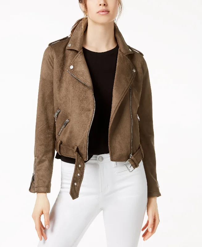 Bar III Faux Suede Belted Moto Jacket Bomber Jacket Anorak Windbreaker