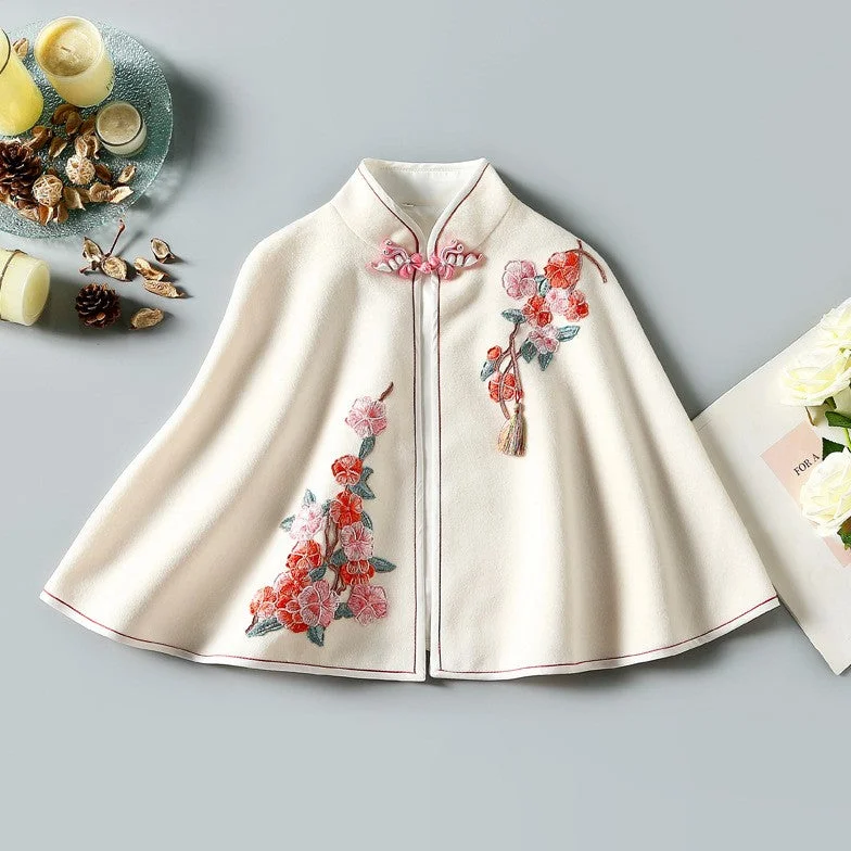 Cheongsam Matched Floral Embroidery Sheep Down Shawl Cloak Bolero Jacket Zippered Front Buttoned Front Snap Front Cheongsam Matched Floral Embroidery Sheep Down Shawl Cloak Bolero Jacket Zippered Front Buttoned Front Snap Front