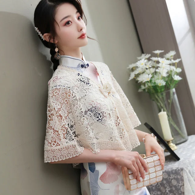 Cheongsam Matched V Neck Floral Lace Shawl Cloak Bolero Jacket with Flower Button Satin Jacket Silk Jacket Chiffon Jacket Cheongsam Matched V Neck Floral Lace Shawl Cloak Bolero Jacket with Flower Button Satin Jacket Silk Jacket Chiffon Jacket