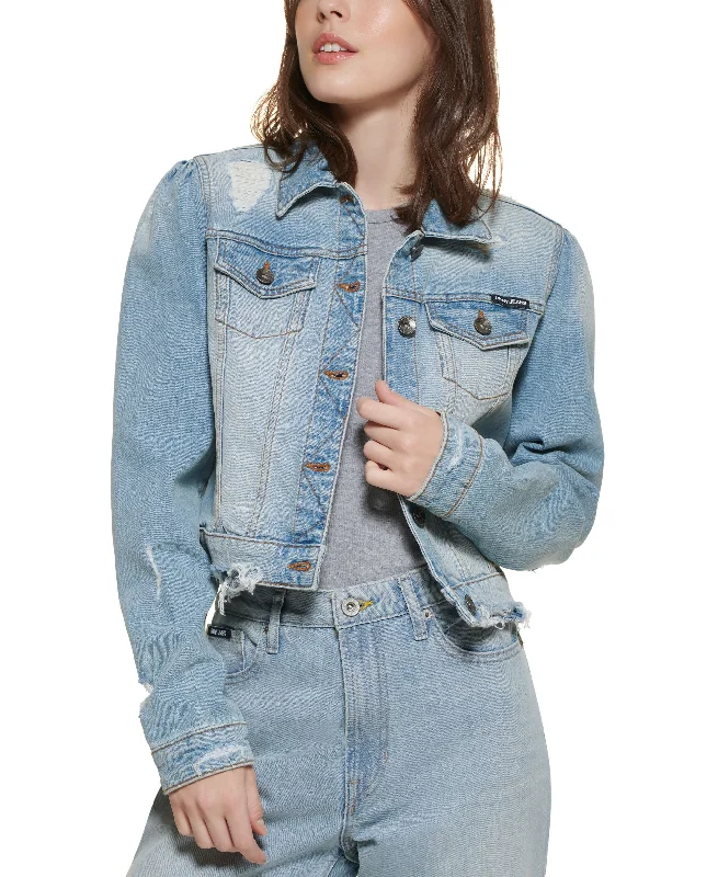 DKNY Jeans Puff Sleeve Distressed Denim Jacket Collared Jacket Crew Neck Jacket Turtle Neck Jacket DKNY Jeans Puff Sleeve Distressed Denim Jacket Collared Jacket Crew Neck Jacket Turtle Neck Jacket