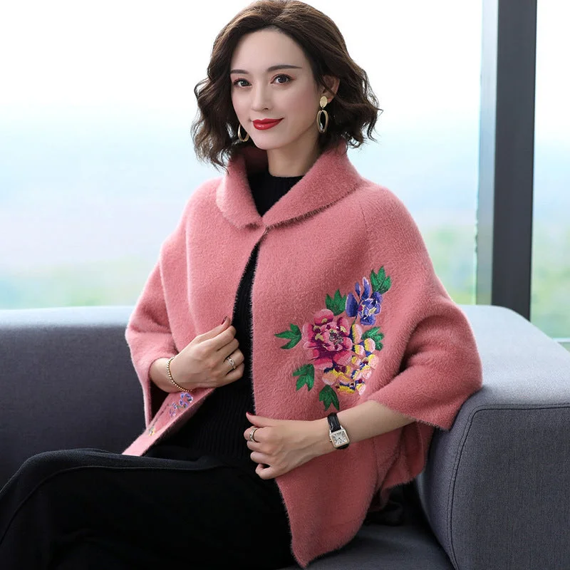 Floral Embroidery Imitated Mink Wool Shawl Loose Cape Jacket Denim Fabric Leather Fabric Suede Fabric Floral Embroidery Imitated Mink Wool Shawl Loose Cape Jacket Denim Fabric Leather Fabric Suede Fabric