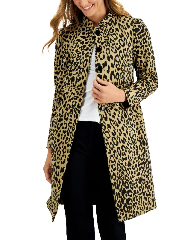 Kasper Animal Print Stand Collar Topper Jacket Zip Front Button Front Snap Front