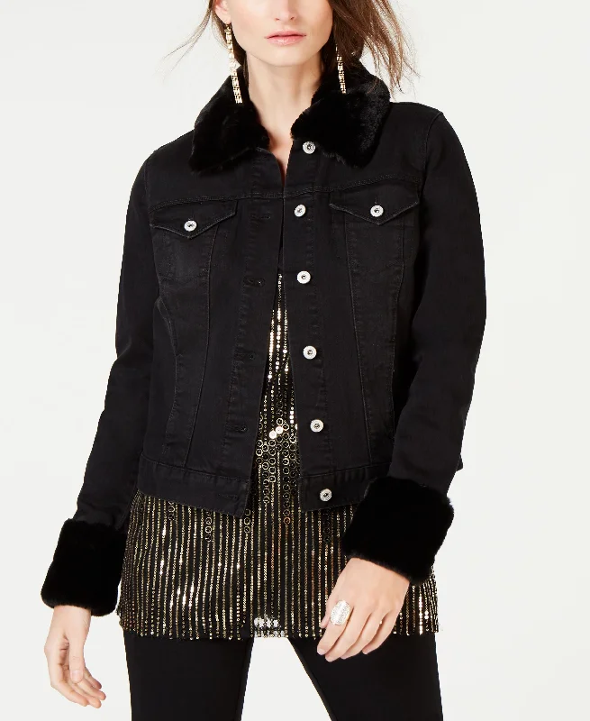 INC Leopard-Print Faux-Fur Trim Denim Jacket Anorak Shell Jacket Lightweight Jacket