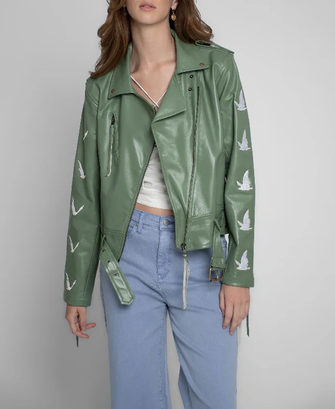 Nicole Miller Embroidered Leather Jacket Notch Collar Peter Pan Collar Cowl Neck