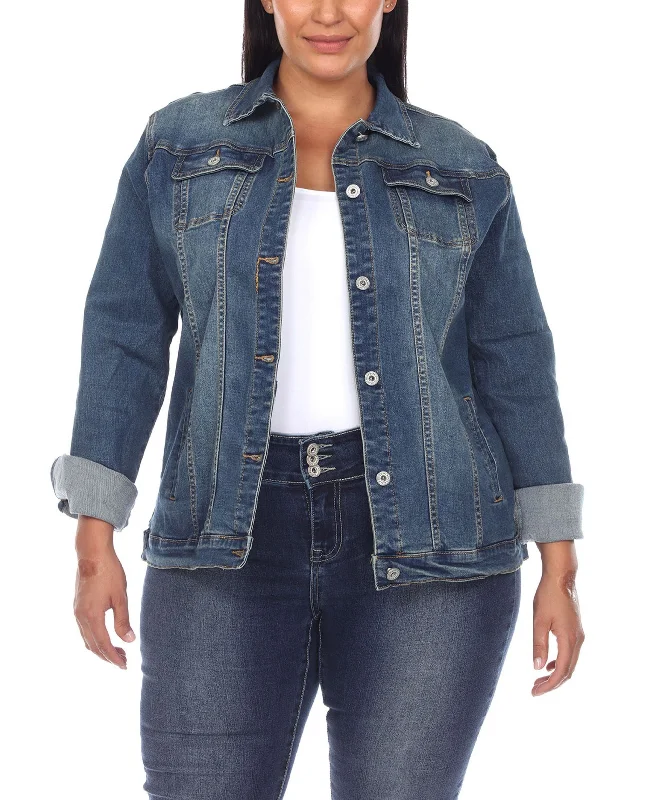 Plus Size Classic Denim Jacket Herringbone Jacket Checkered Jacket Solid Jacket