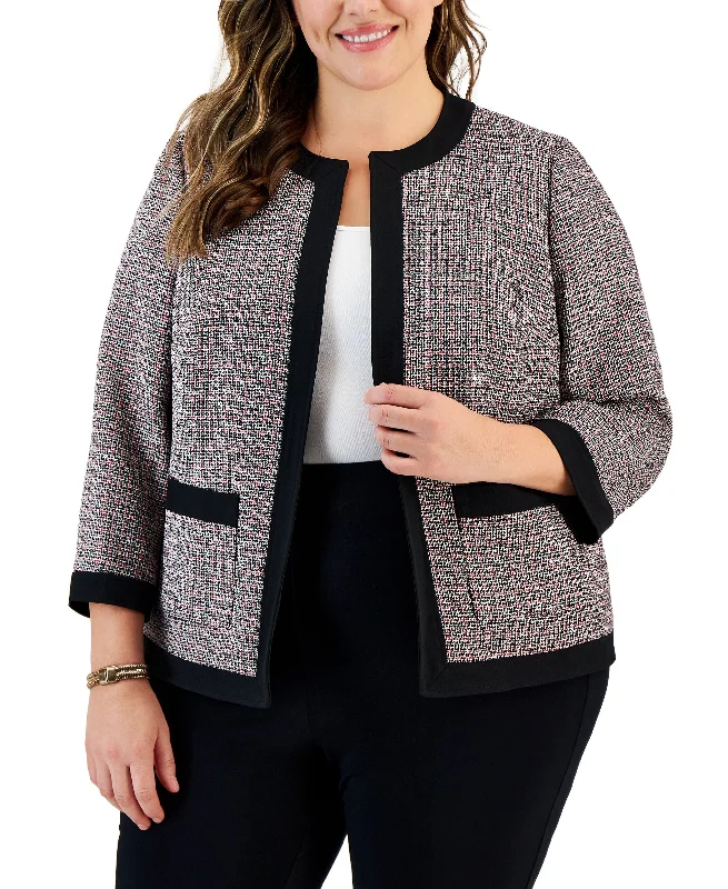 Plus Size Tweed Collarless 3/4-Sleeve Jacket Hoodie Zip-Up Jacket Button-Up Jacket