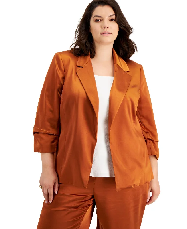 Plus Size Washed Satin Jacket Tailored Jacket Straight Jacket A-Line Jacket