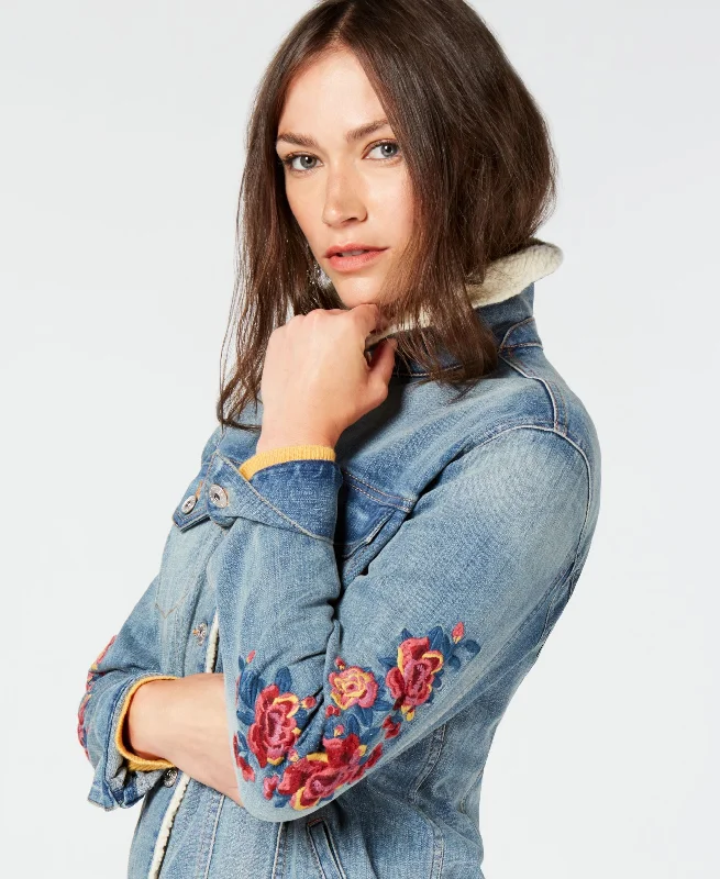 Style & Co Flower Embroideted Trucker Jacket Faux Fur Jacket Real Fur Jacket Shearling Jacket