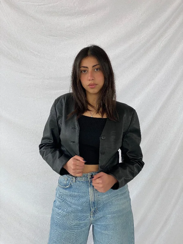 Vintage Cropped Leather Jacket Toggled Jacket Drawstring Jacket Belted Jacket