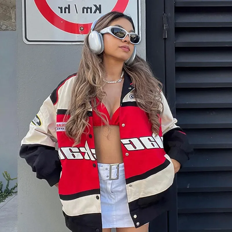 Women Fashion Sports Style Printed Color Block Casual Long Sleeve Motorcycle Jacket Front Pockets Side Pockets Patch Pockets Women Fashion Sports Style Printed Color Block Casual Long Sleeve Motorcycle Jacket Front Pockets Side Pockets Patch Pockets