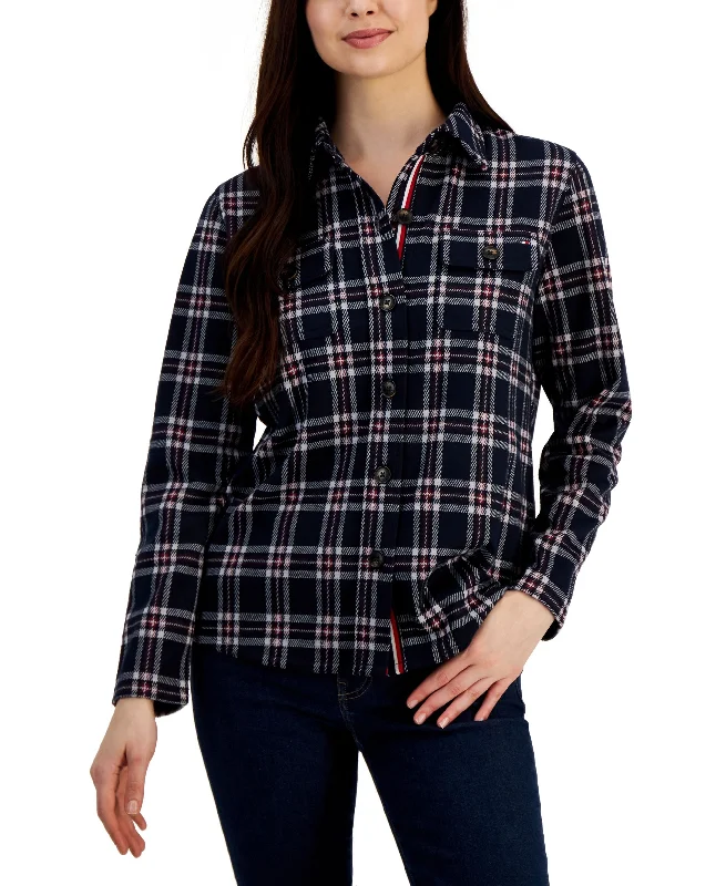 Women's Collared Plaid Shirt Jacket Bomber Jacket Anorak Windbreaker