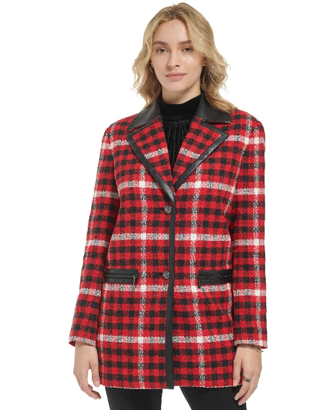 Women's Contrast-Trim Plaid Jacket Satin Fabric Silk Fabric Chiffon Fabric