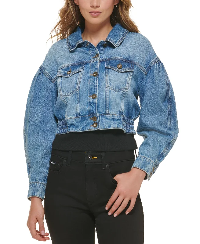 Women's Cotton Puff-Sleeve Cropped Denim Jacket Mesh Jacket Canvas Jacket Denim Jacket Women's Cotton Puff-Sleeve Cropped Denim Jacket Mesh Jacket Canvas Jacket Denim Jacket