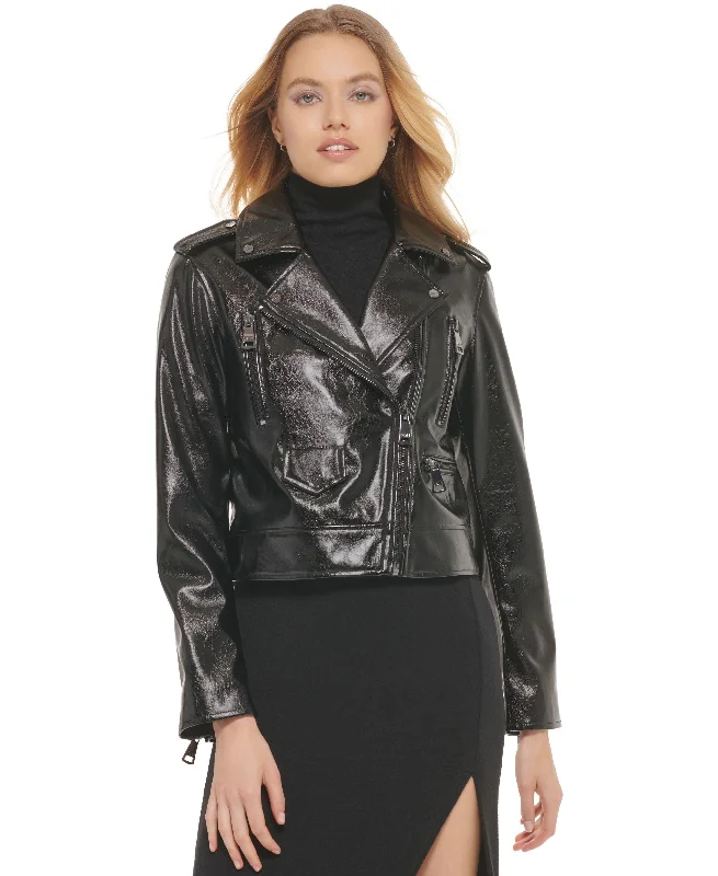 Women's Crackle Faux-Leather Zippered Moto Jacket Nylon Fabric Polyester Fabric Spandex Fabric Women's Crackle Faux-Leather Zippered Moto Jacket Nylon Fabric Polyester Fabric Spandex Fabric