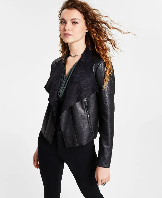 Women's Faux-Leather Flyaway Jacket Fleece Fabric Down Fabric Feather Fabric