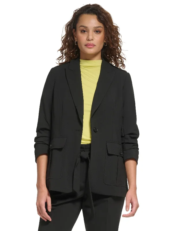 Women's One-Button Ruched-Sleeve Jacket Knit Jacket Woven Jacket Fleece Jacket