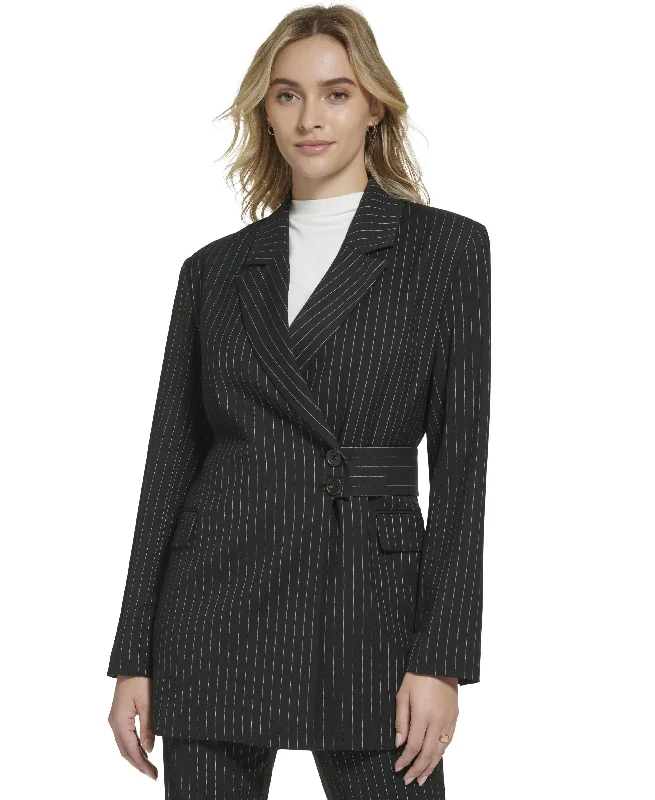 Women's Pinstripe Belted Jacket Rayon Fabric Velvet Fabric Corduroy Fabric