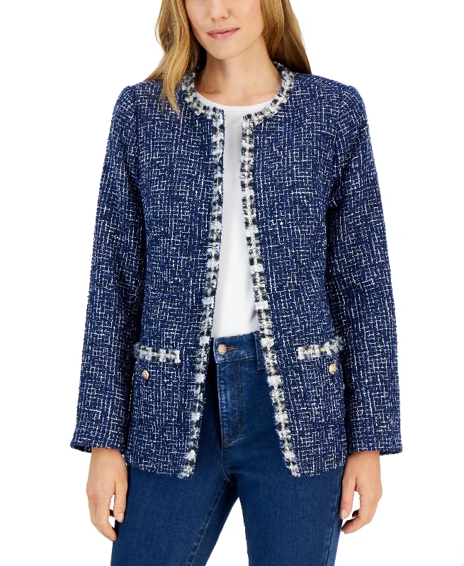 Women's Tweed Collarless Patch-Pocket Jacket Hoodie Zip-Up Jacket Button-Up Jacket